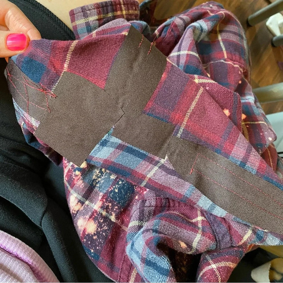 Handmade Boho Flannel Shirt Floral Stencil Bleached Plaid Womens Large XL Red - Picture 12 of 14